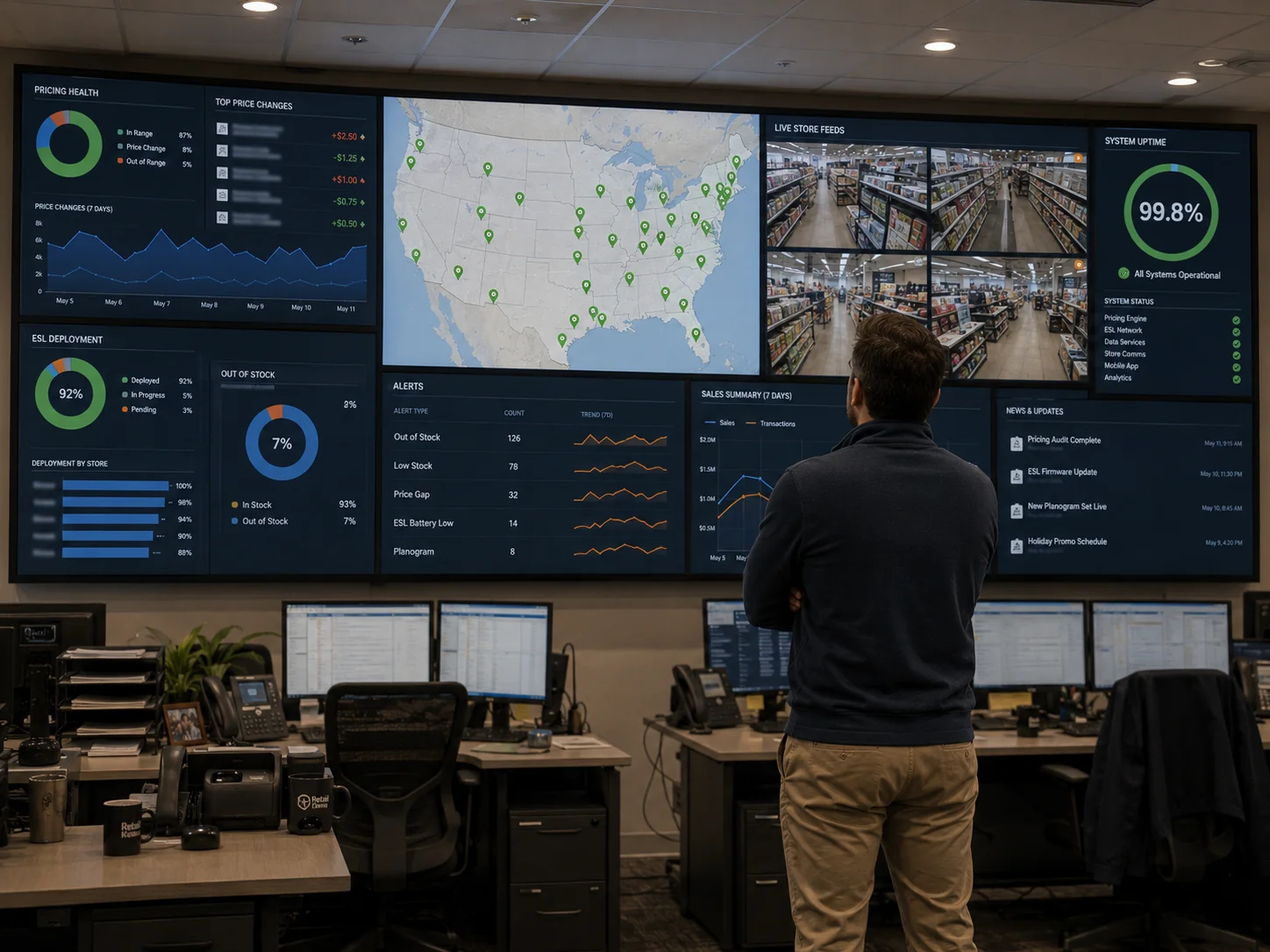Retail Digitals cloud platform - operations control room with wall of dashboards showing live store data across the US